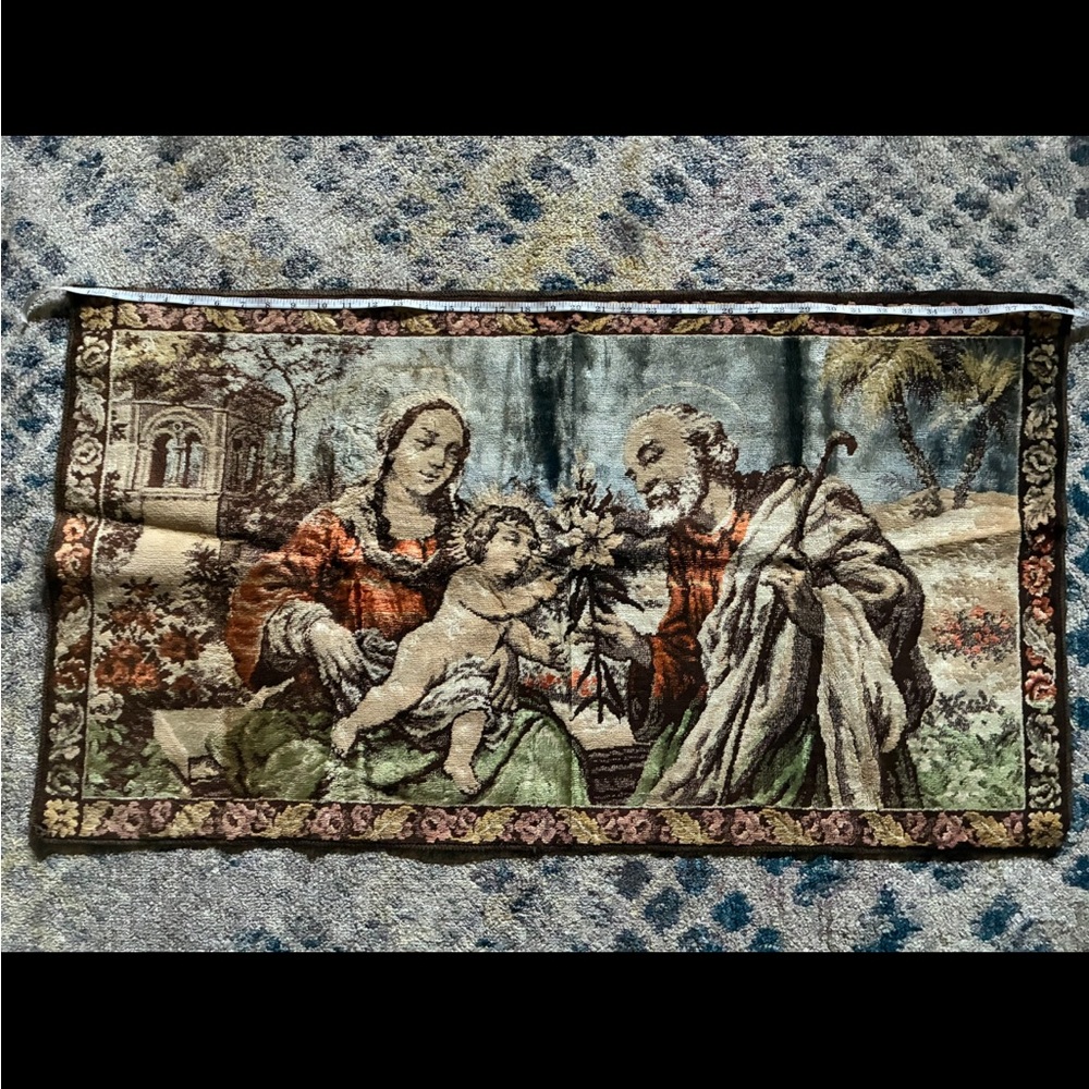 Vintage Religious Tapestry with Family Scene